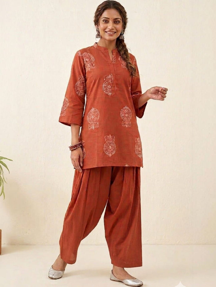 Women Rust Orange Ethnic Motif Printed Kurta With Farshi Salwar