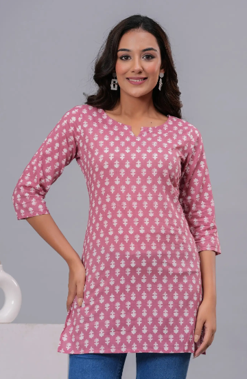 Rajools Printed Cotton Blend Straight Kurta for Women (Pink)