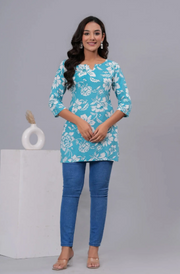Rajools Printed Cotton Blend Straight Kurta for Women (Blue)