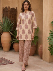 Women Sand Beige flower Pattern Ethnic Printed Kurta With Farshi Salwar Set