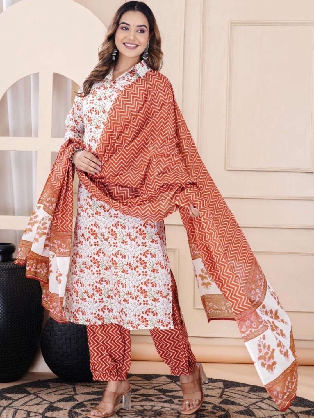Women Floral Printed Regular Pure Cotton Kurta with Pyjamas & With Dupatta