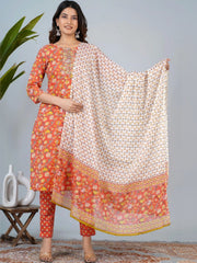 Women Floral Printed Regular Thread Work Pure Cotton Kurta with Trousers & With Dupatta