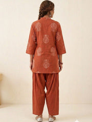 Women Rust Orange Ethnic Motif Printed Kurta With Farshi Salwar