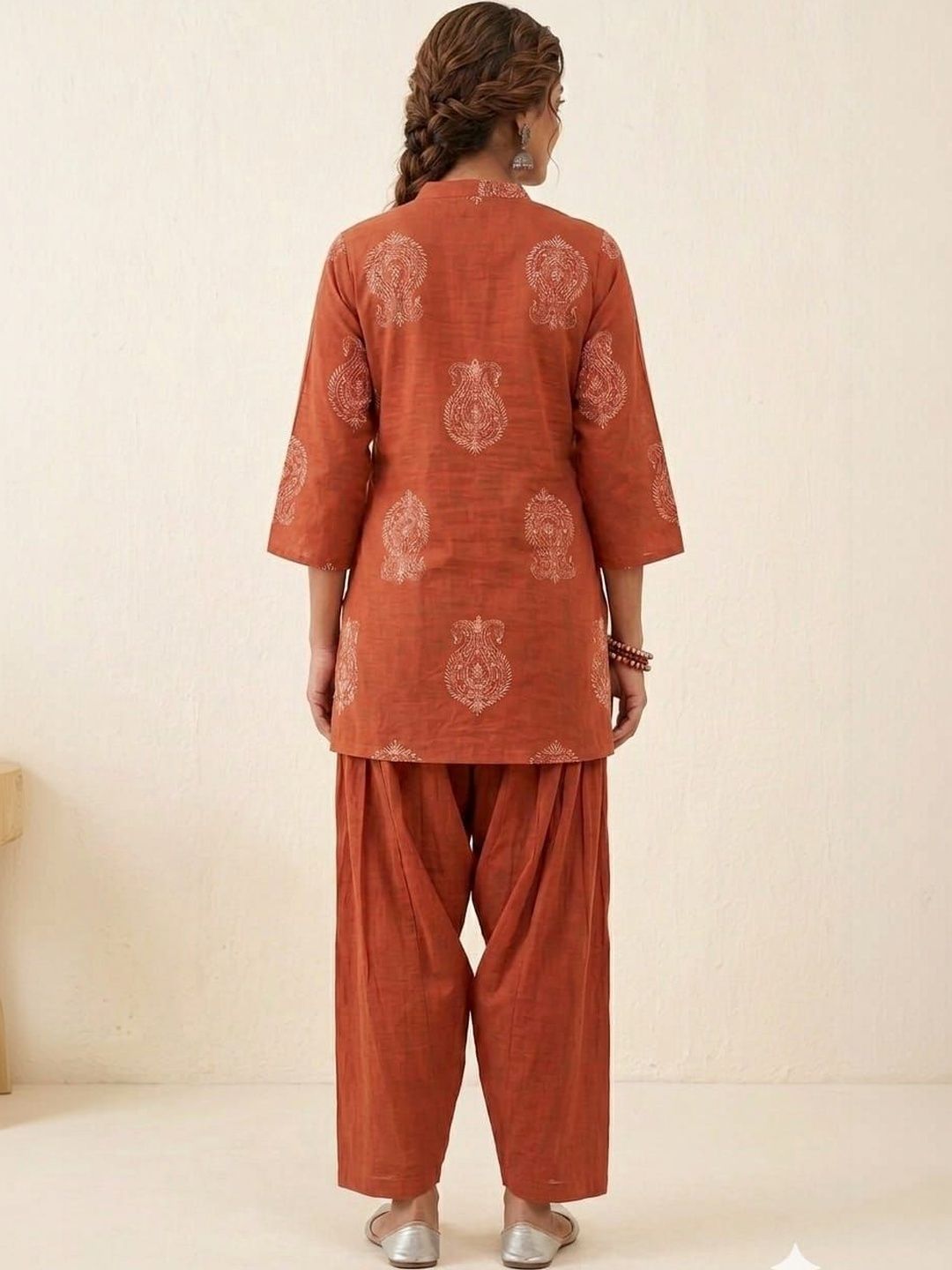 Women Rust Orange Ethnic Motif Printed Kurta With Farshi Salwar