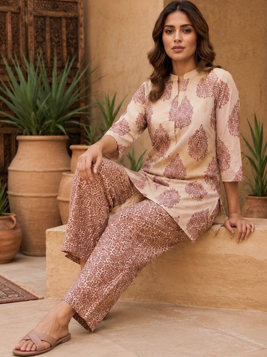 Women Sand Beige flower Pattern Ethnic Printed Kurta With Farshi Salwar Set