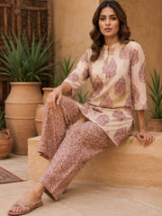 Women Sand Beige flower Pattern Ethnic Printed Kurta With Farshi Salwar Set