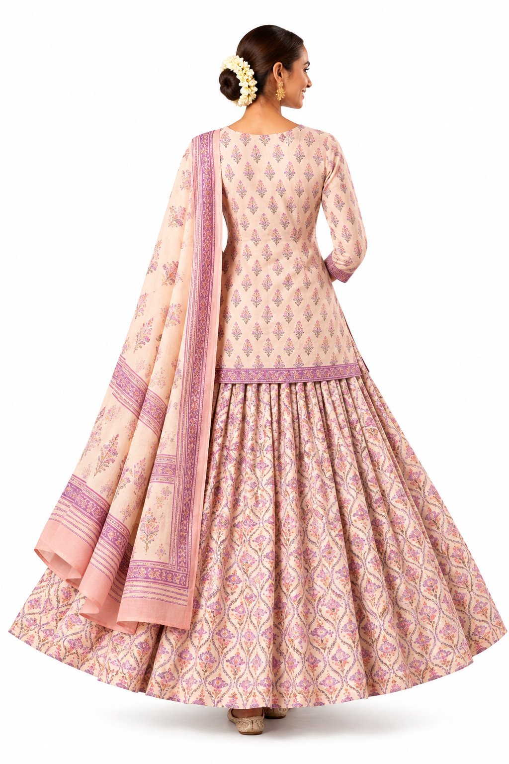Women's White And Pink Floral Printed Kurta with Skirt and Dupatta