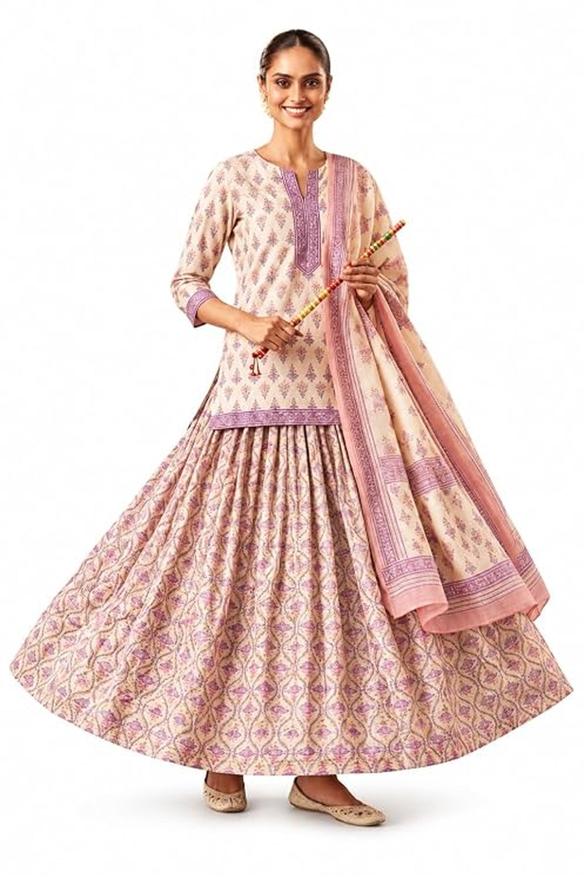 Women's White And Pink Floral Printed Kurta with Skirt and Dupatta