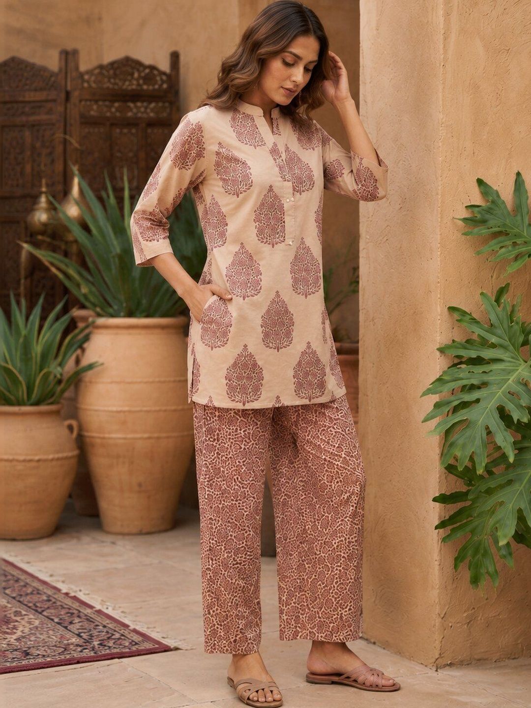Women Sand Beige flower Pattern Ethnic Printed Kurta With Farshi Salwar Set