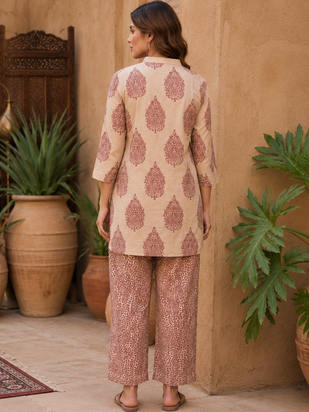 Women Sand Beige flower Pattern Ethnic Printed Kurta With Farshi Salwar Set