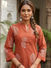 Women Rust Orange Ethnic Motif Printed Kurta With Farshi Salwar
