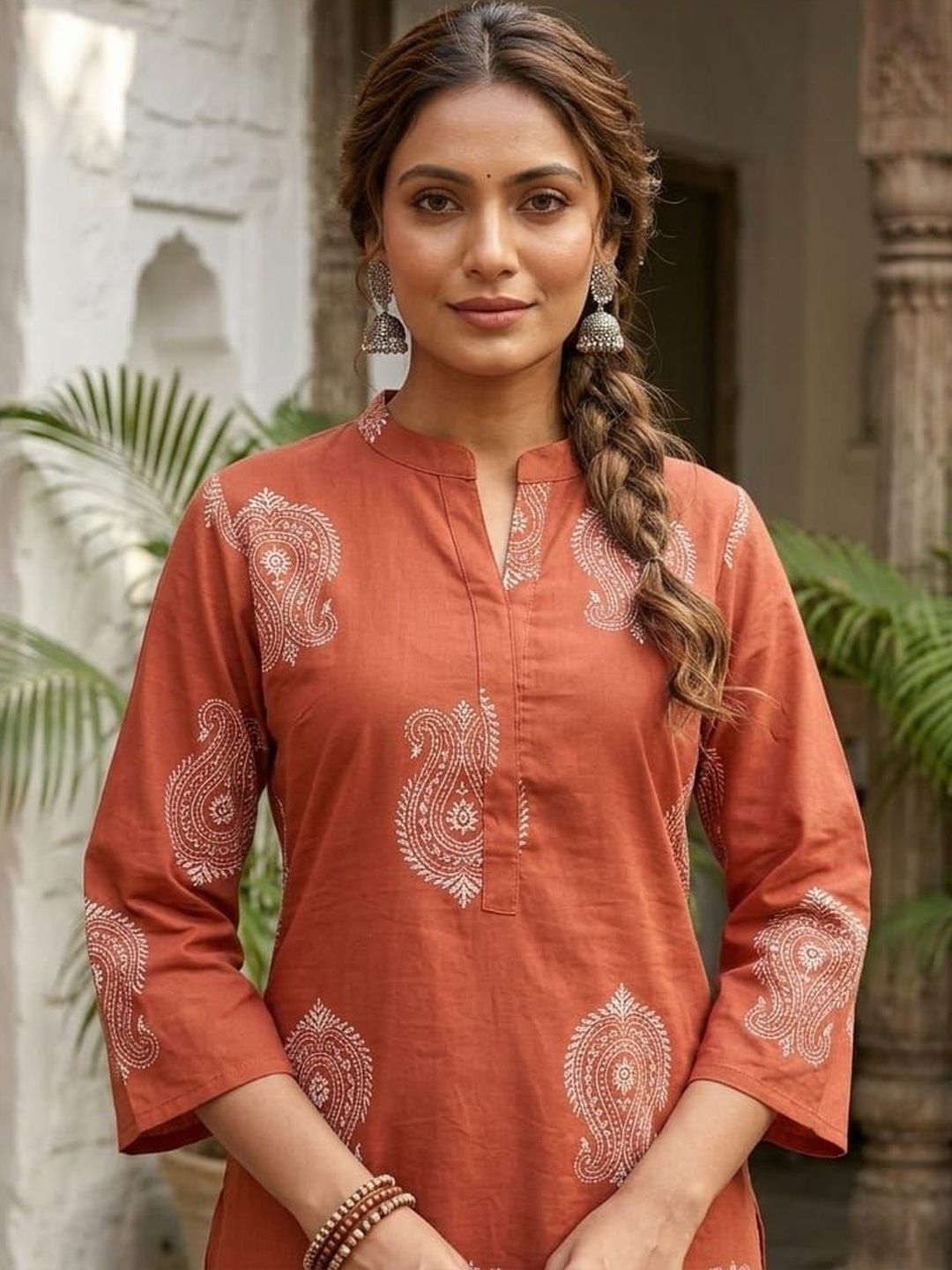 Women Rust Orange Ethnic Motif Printed Kurta With Farshi Salwar