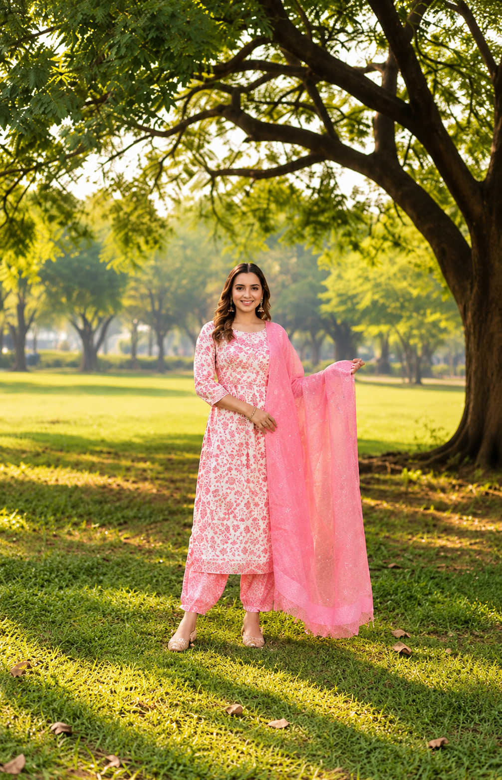 Pink floral nayra cut kurti dupatta pant