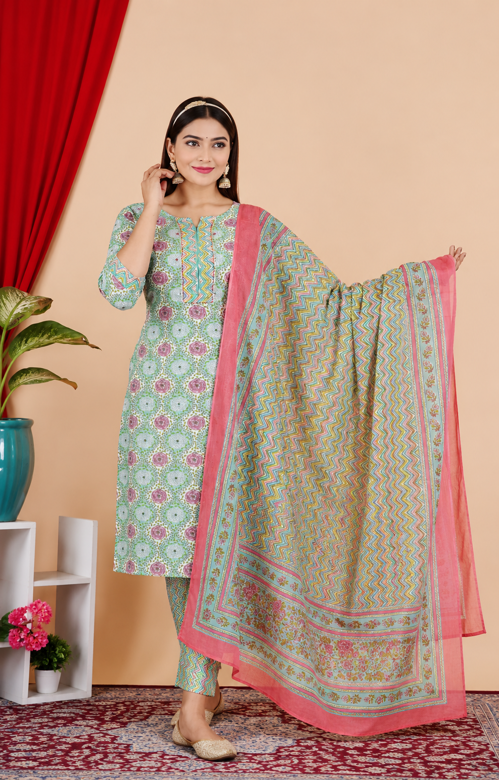 Teal & Yellow Kurti Pant Dupatta Set