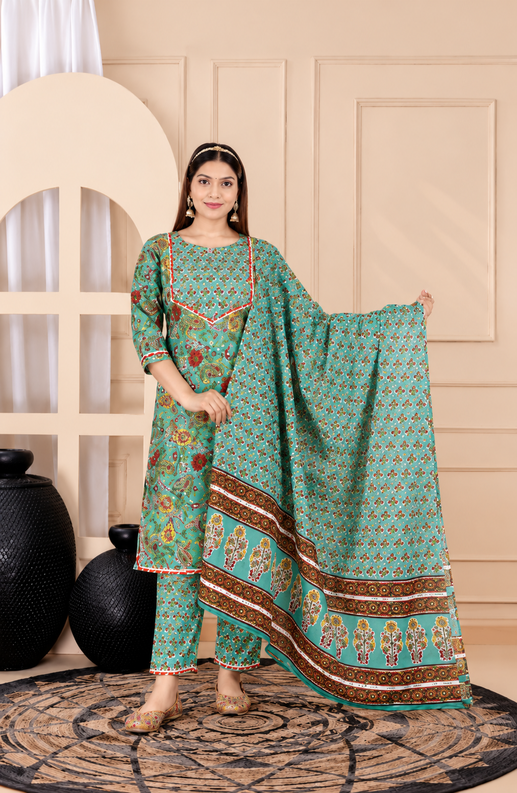 Teal floral straight kurti pant dupatta
