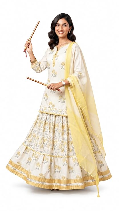 Women's White And Yellow Floral Printed Kurta with Skirt and Dupatta