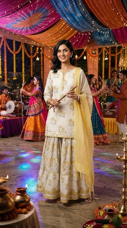 Women's White And Yellow Floral Printed Kurta with Skirt and Dupatta