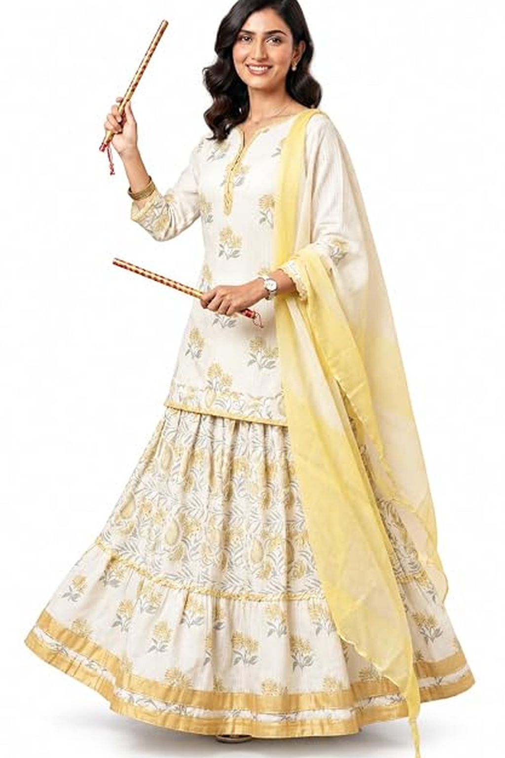 Women's White And Yellow Floral Printed Kurta with Skirt and Dupatta